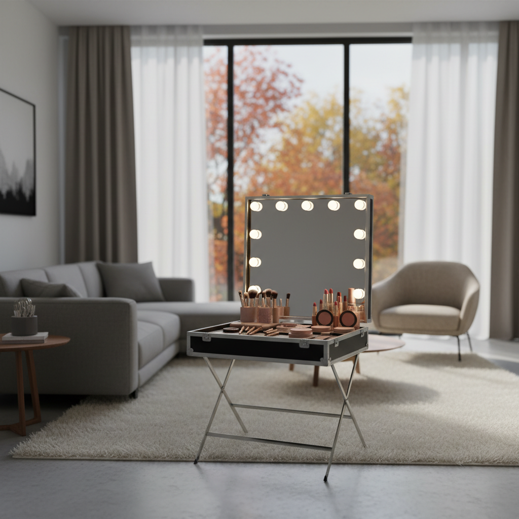 A luxurious, portable makeup station set up in a cozy, modern living room in the GTA, featuring a sleek, fold-out mirror framed with soft white LED bulbs and an organized tabletop of products in cohesive nude, mauve, and champagne tones. A plush cream rug and minimalist furniture in muted greys and beiges create a calm backdrop. Through a large window, out-of-focus autumn trees in warm hues suggest a special event day. Gentle natural afternoon light combines with the soft LED glow, resulting in flattering, even illumination with minimal shadows. Photographic realism, composed with the station slightly off-center following the rule of thirds, conveys warmth, professionalism, and upscale at-home glamor.