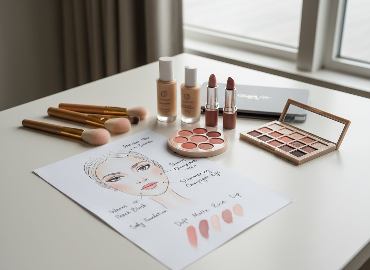 An elegant tabletop scene showcasing a complete bridal makeup face chart beside carefully selected products that match each note. The face chart lies on a smooth ivory desk with handwritten annotations in neat, modern script. Next to it, brushes, foundations, and palettes in complementary tones are neatly arranged, with a slim, closed tablet labeled with a subtle Glam on the Go branding suggesting digital consultation. Soft overcast window light from the right creates a calm, even illumination with gentle shadows. The background is minimalist, with only a hint of a neutral-toned curtain. Photographic realism, captured from a slightly elevated angle with sharp focus throughout, communicates organization, professionalism, and bespoke bridal artistry planning.