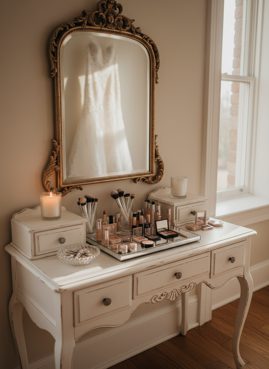 A refined scene inside a tastefully decorated bridal suite, focusing entirely on the makeup setup placed on an antique white vanity. An ornate mirror reflects a blurred hint of a hanging wedding gown without showing any people. On the vanity, premium cosmetics in soft neutral and rose tones are meticulously arranged on a mirrored tray, alongside a single white candle in a glass holder and a small crystal dish of hairpins. Soft golden hour light pours in from a side window, creating warm highlights and gentle, elongated shadows. Photographic realism with a slightly off-center composition and medium depth of field produces a romantic, sophisticated atmosphere ideal for luxury mobile bridal makeup storytelling.