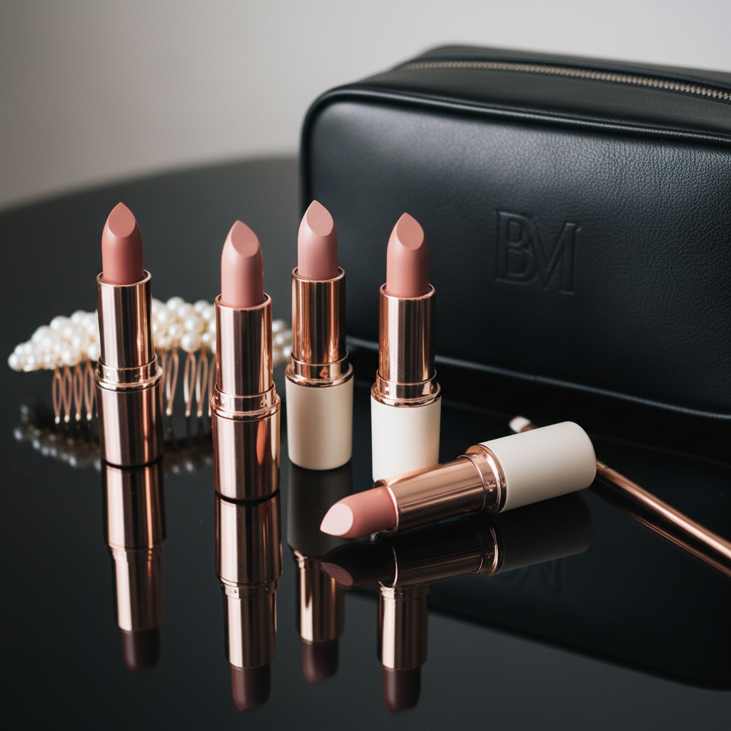 A close-up, cinematic shot of a carefully curated bridal lip collection arranged on a reflective black glass surface: luxurious lipstick tubes in rose-gold and matte ivory casings, a few opened to reveal soft nude and blush pink shades. A delicate, pearl-studded hair comb and a slim, rose-gold lip brush rest nearby. The background shows a blurred glimpse of a zipped, leather travel makeup case embossed with a subtle logo, emphasizing mobility. Illuminated by soft studio lighting from above and slightly to the side, the scene features refined highlights and rich, velvety shadows. Photographic realism with a shallow depth of field crafts an intimate, sophisticated mood, perfect for a high-end mobile bridal makeup brand.