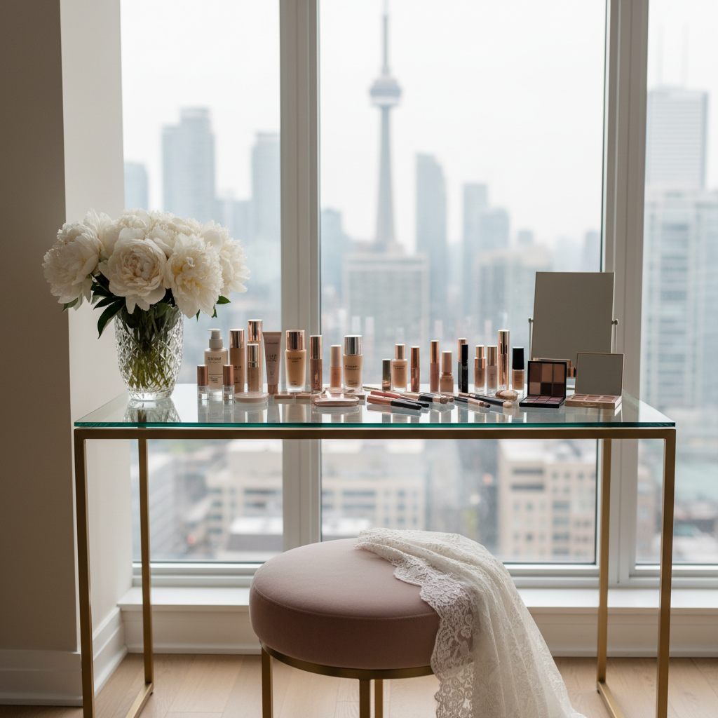 A pristine glass-topped vanity in a chic downtown Toronto condo, entirely set up for bridal makeup without any people present. A crystal vase with fresh white peonies stands beside an array of premium cosmetics in soft, neutral shades, each product aligned with care. A delicate white veil is draped over the corner of a velvet blush stool, hinting at the bride’s presence. Floor-to-ceiling windows reveal a softly blurred urban skyline. Diffused daylight fills the room, casting barely-there shadows and gentle highlights on reflective surfaces. Captured in photographic realism at a slightly wide, eye-level angle, the mood is serene, sophisticated, and anticipatory, perfect for showcasing mobile bridal preparation in an elegant setting.